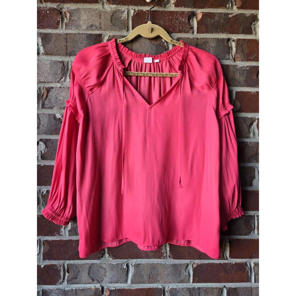GAP Womens Small Pink Flowy Peasant Blouse Ruffle 3/4 Sleeve Tie Neck Boho